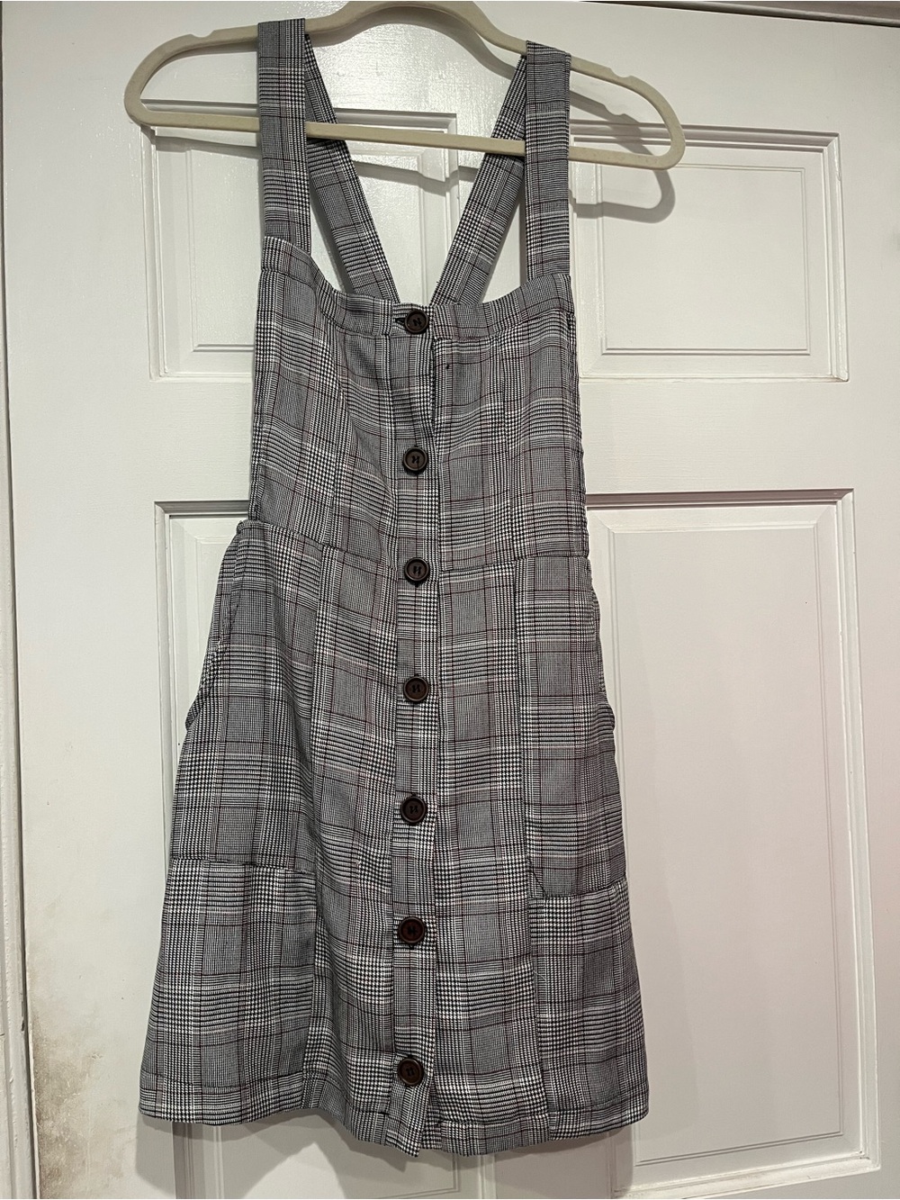 Girls Gray Plaid Button-Front Pinafore Dress